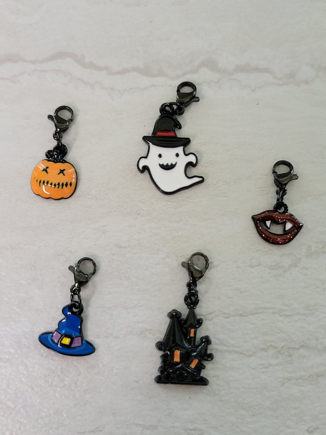 Halloween Enamel Charm Pendants: Castle, Ghost, Pumpkin, Hat, Mouth - 5pc Set