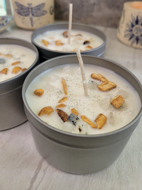 Palo Santo Soy Candle: Moonstone Crystal & Essential Oils