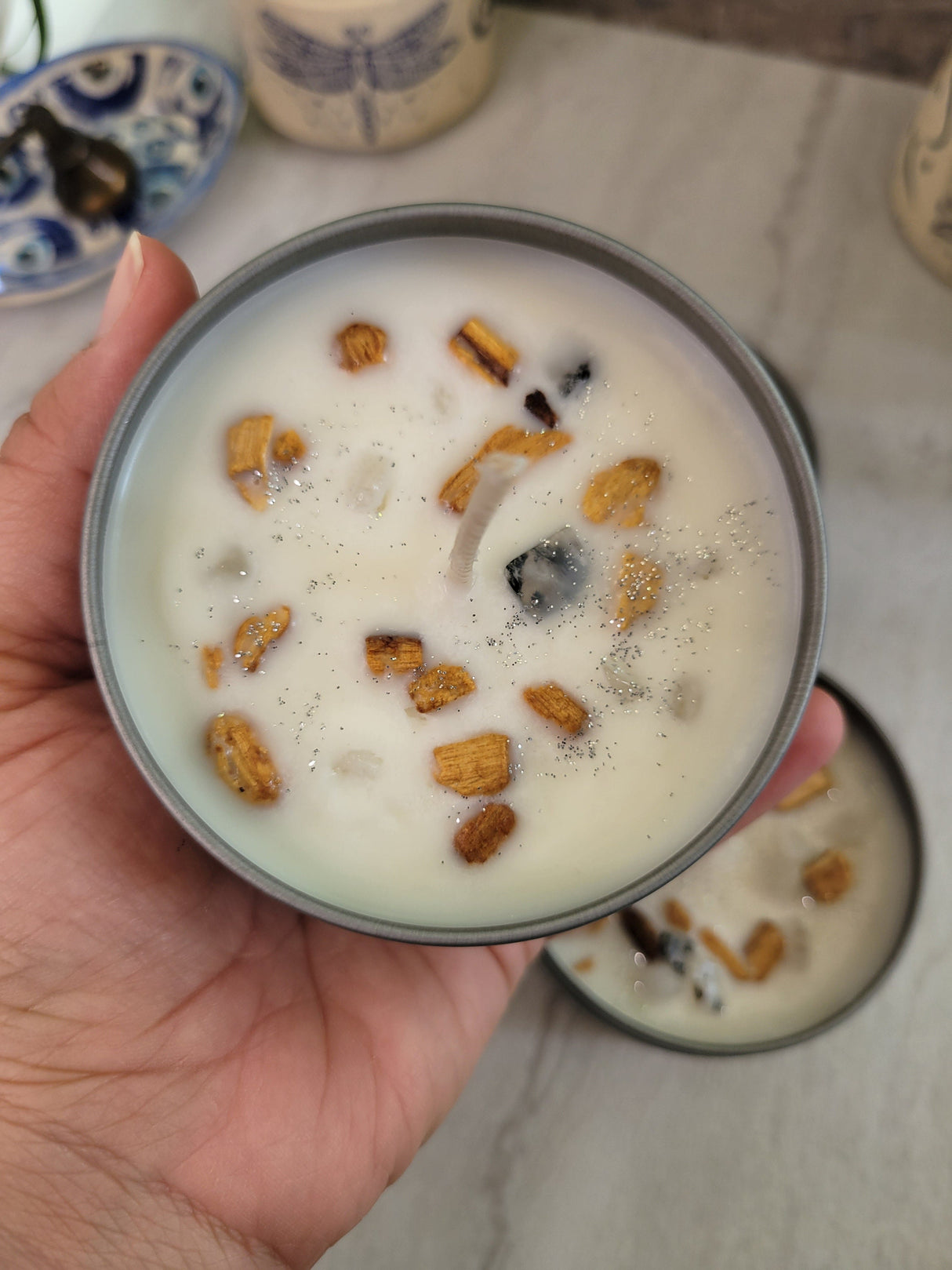 Palo Santo Soy Candle: Moonstone Crystal & Essential Oils