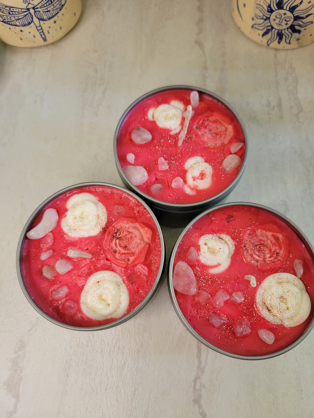 Fresh Roses Soy Candle: Crystal Infused, Aromatherapy Love Candle