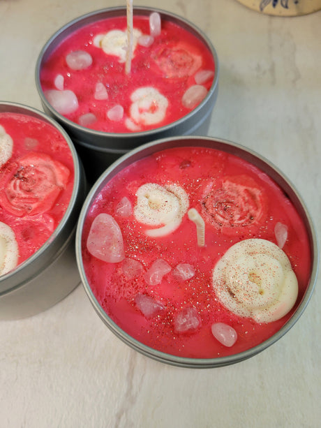 Fresh Roses Soy Candle: Crystal Infused, Aromatherapy Love Candle