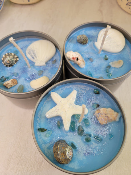 Sea Breeze Candle: Tropical Scent, Shells & Apatite Crystals, 8 oz