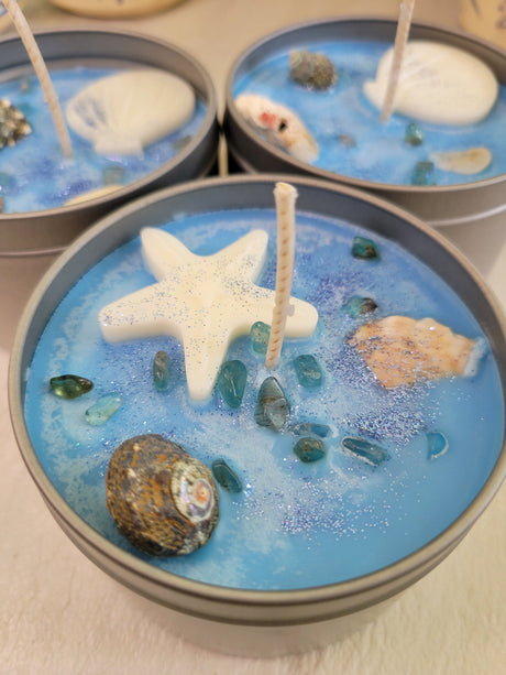 Sea Breeze Candle: Tropical Scent, Shells & Apatite Crystals, 8 oz