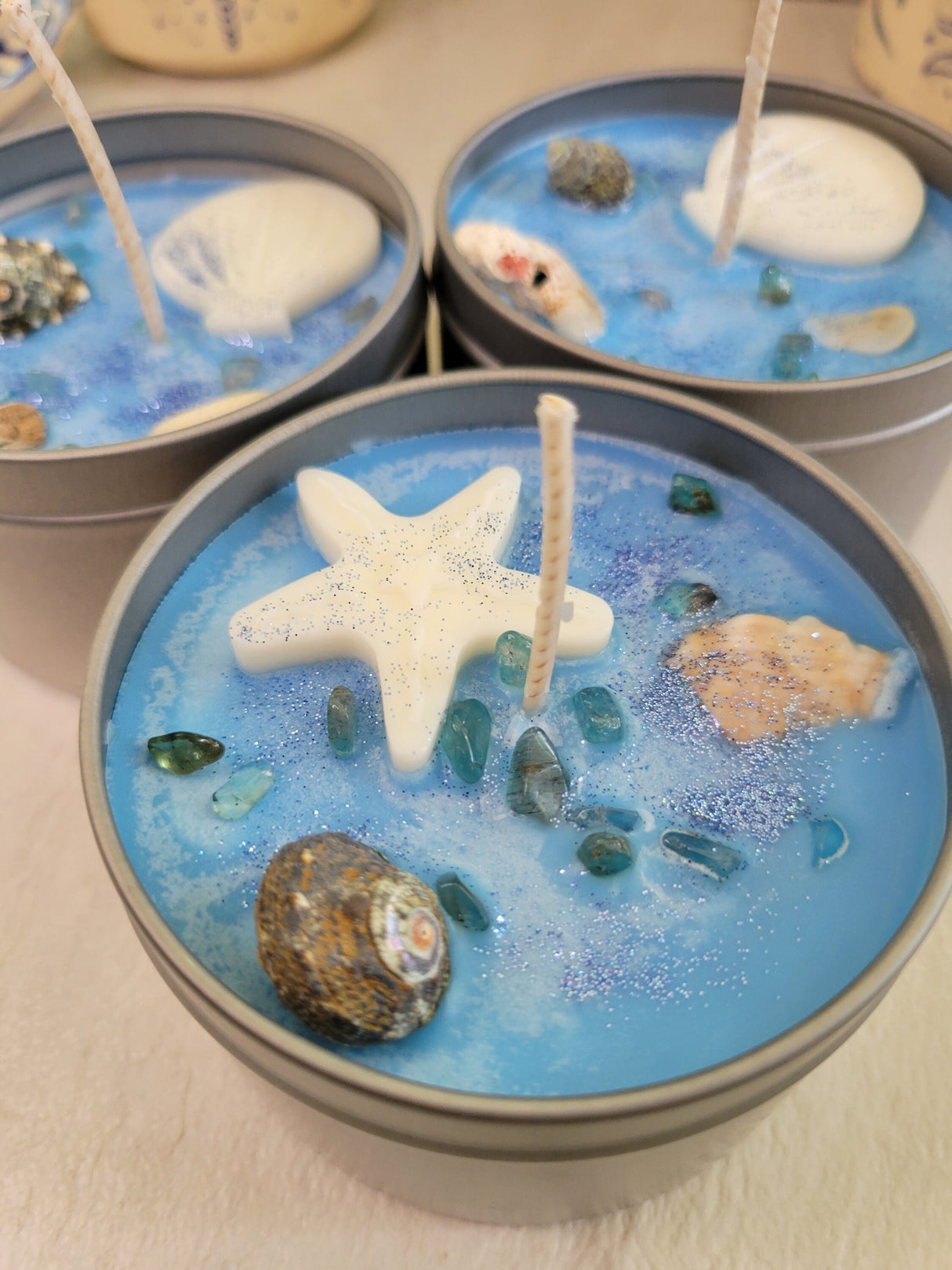 Sea Breeze Candle: Tropical Scent, Shells & Apatite Crystals, 8 oz