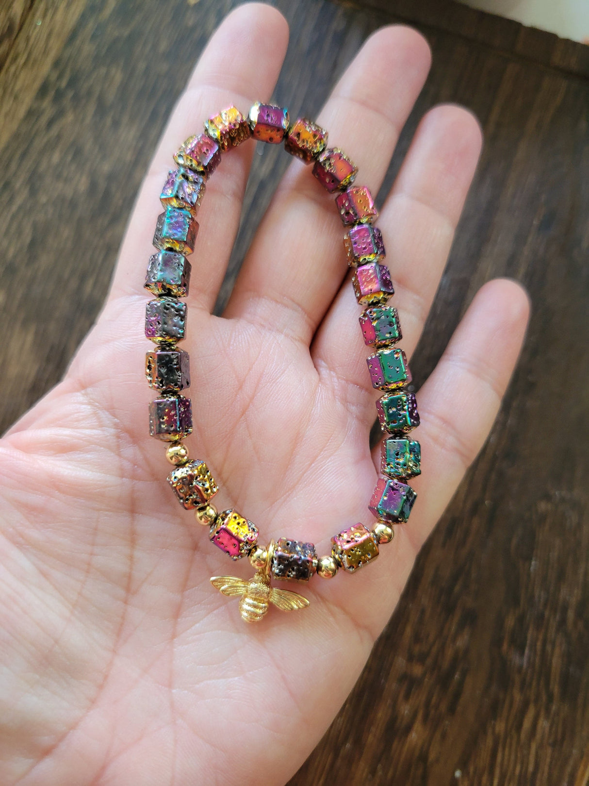 Lava Rock Hexagon Bead Bracelet: Bee Charm Oil Diffuser