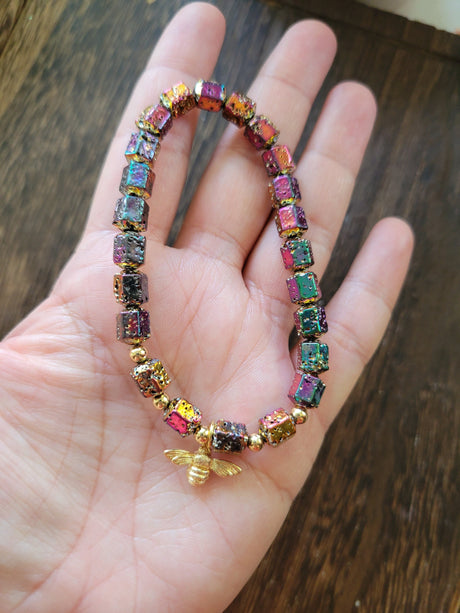 Natural Lava Rock Hexagon Beads Stretch Bracelets, Bee Shape Brass Charm Bracelet, Oil Diffuser Stone Bracelet for Women