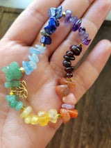 Chakra jewelry, chip gemstone stretch charm bracelets, with brass lotus charms