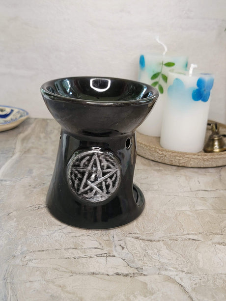 Black pentagram oil burner , wax warmer, metaphysical décor, handmade ceramic