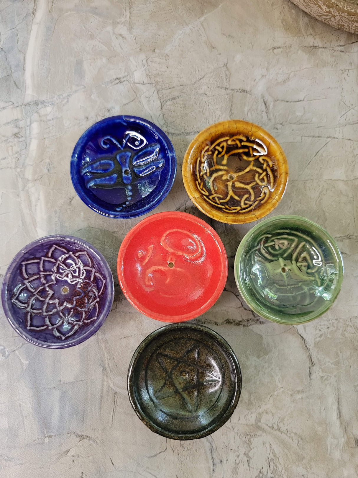 Handmade ceramic incense burner bowls embossed assorted designs, incense cones holder