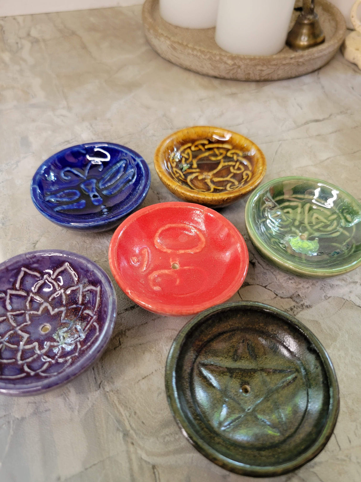 Handmade ceramic incense burner bowls embossed assorted designs, incense cones holder