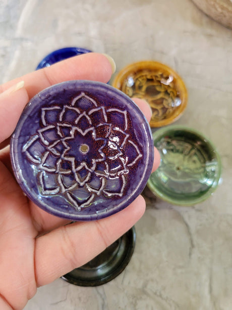 Handmade ceramic incense burner bowls embossed assorted designs, incense cones holder