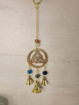Handmade brass wind chime with bells and beads triquetra witch bells