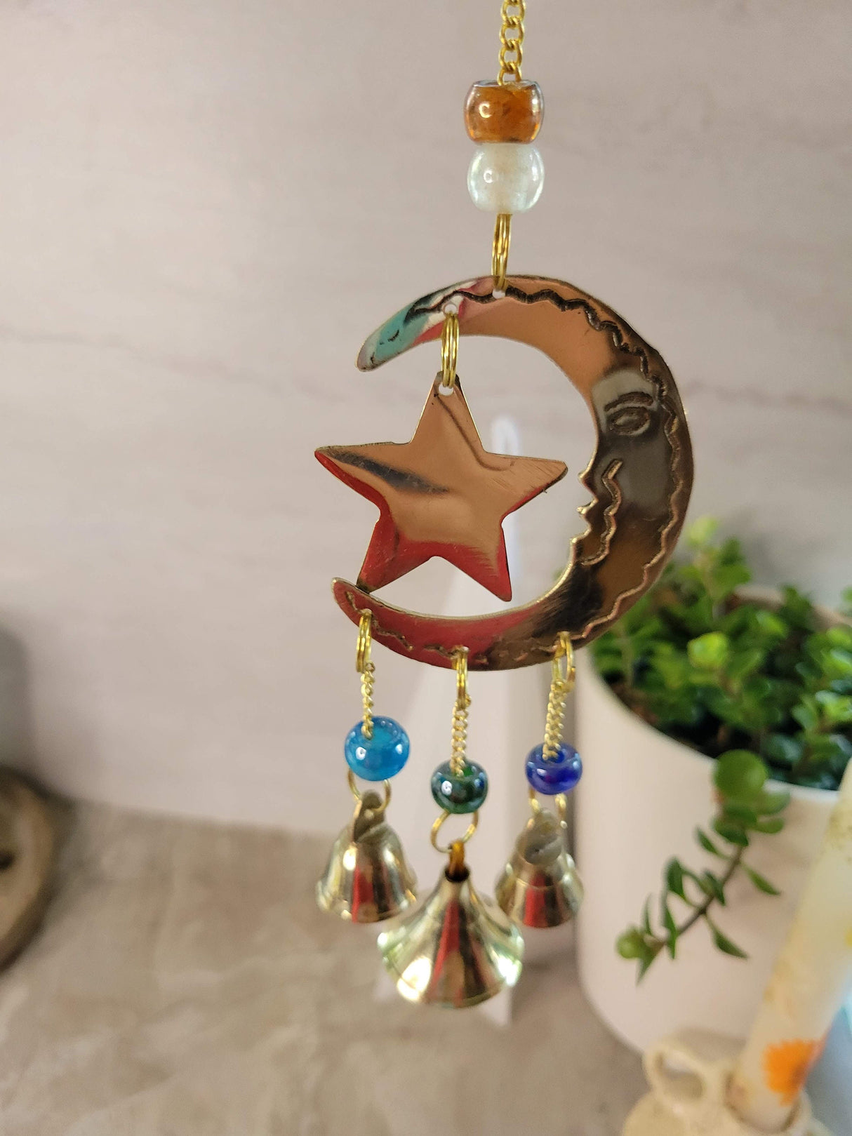 Star and moon handmade brass wind chime with bells witch bells