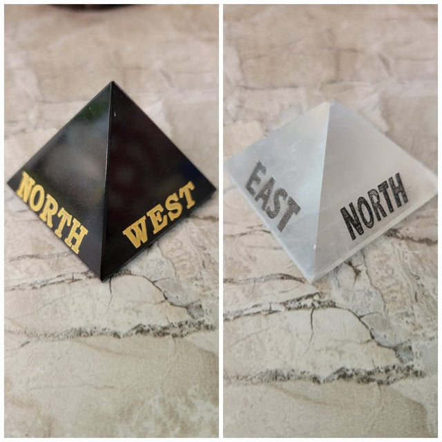 Handmade Black agate, selenite engraved crystal directional pyramid