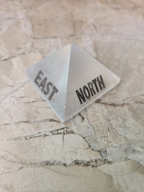 Handmade Black agate, selenite engraved crystal directional pyramid
