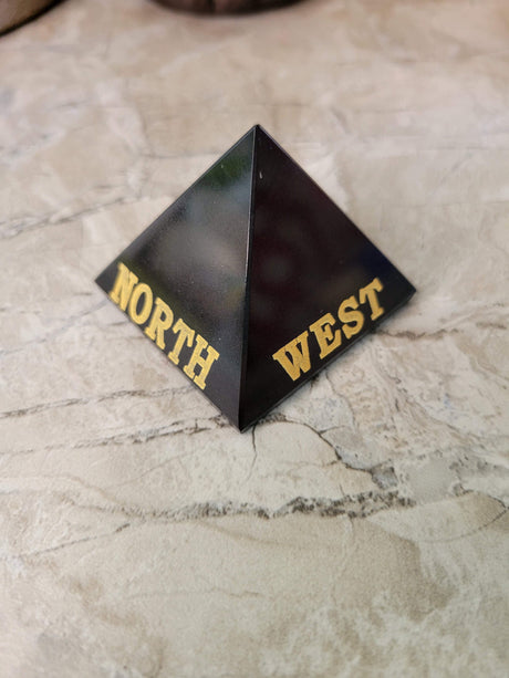 Handmade Black agate, selenite engraved crystal directional pyramid