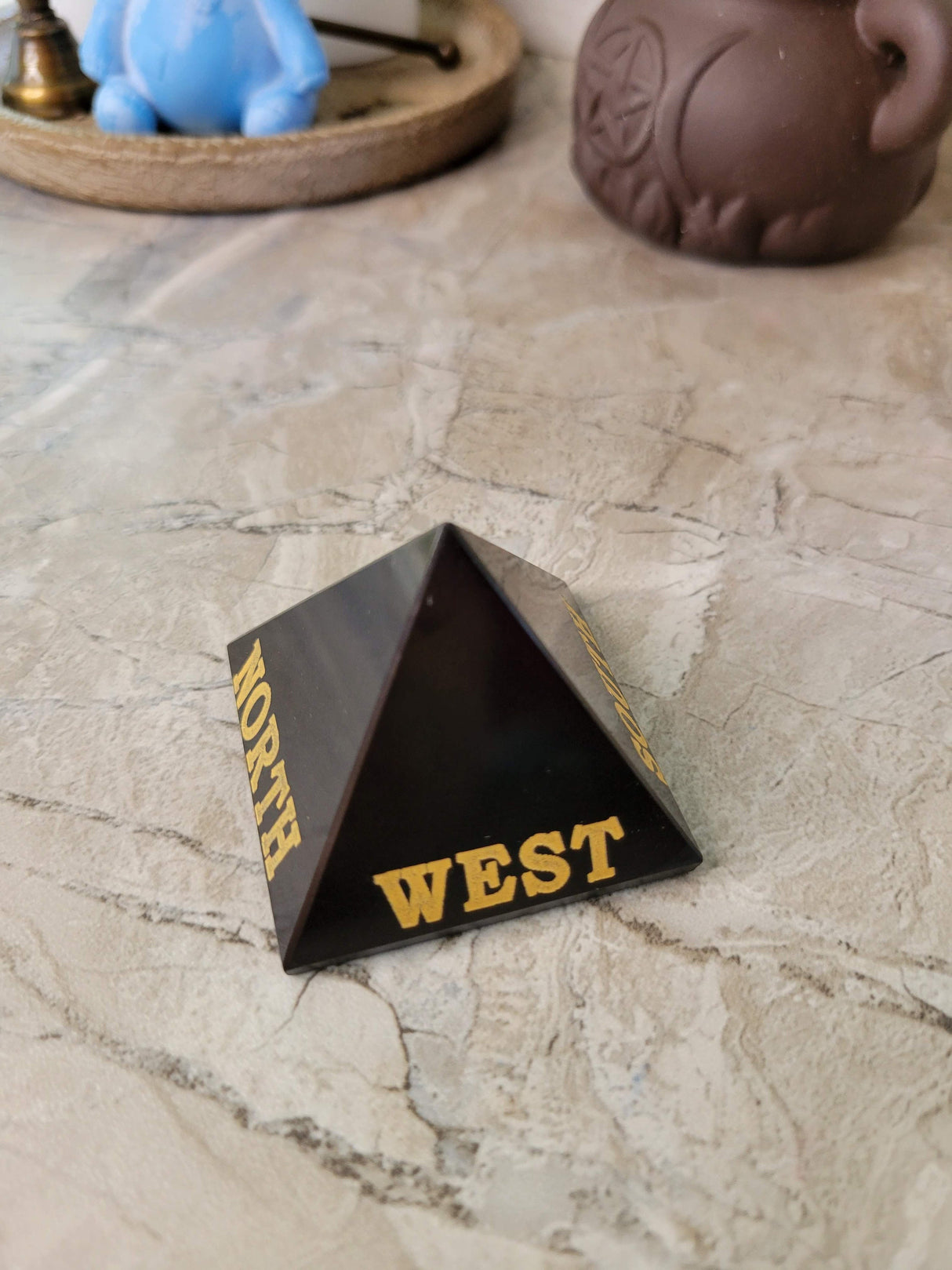Handmade Black agate, selenite engraved crystal directional pyramid