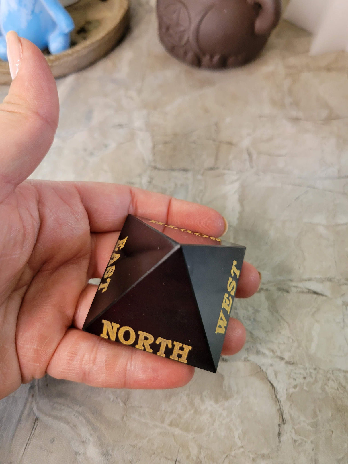 Handmade Black agate, selenite engraved crystal directional pyramid