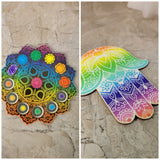 Handmade Wooden Hamsa, Seven chakra coaster altar tile, Altar décor