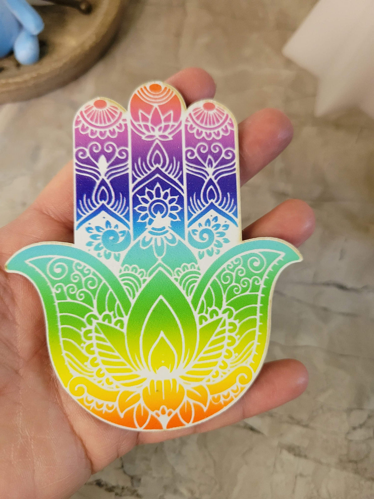 Handmade Wooden Hamsa, Seven chakra coaster altar tile, Altar décor