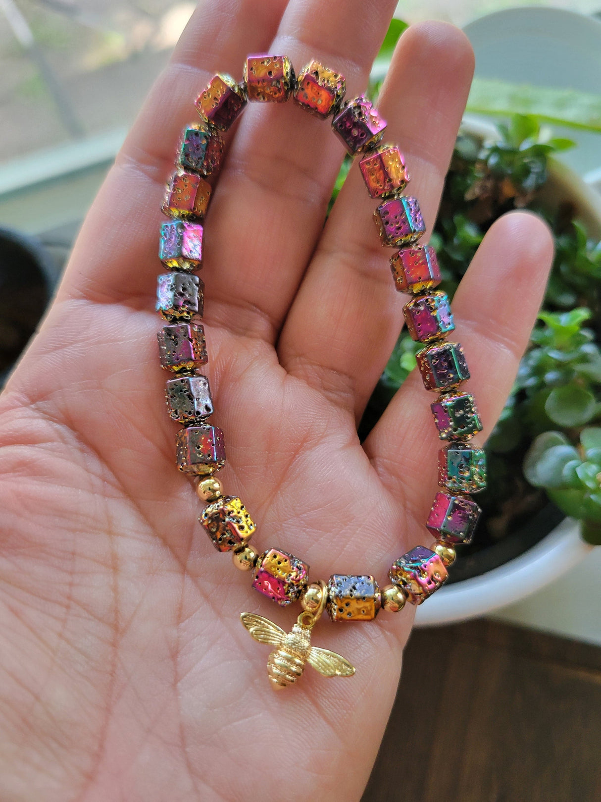 Lava Rock Hexagon Bead Bracelet: Bee Charm Oil Diffuser