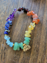 Chakra jewelry, chip gemstone stretch charm bracelets, with brass lotus charms
