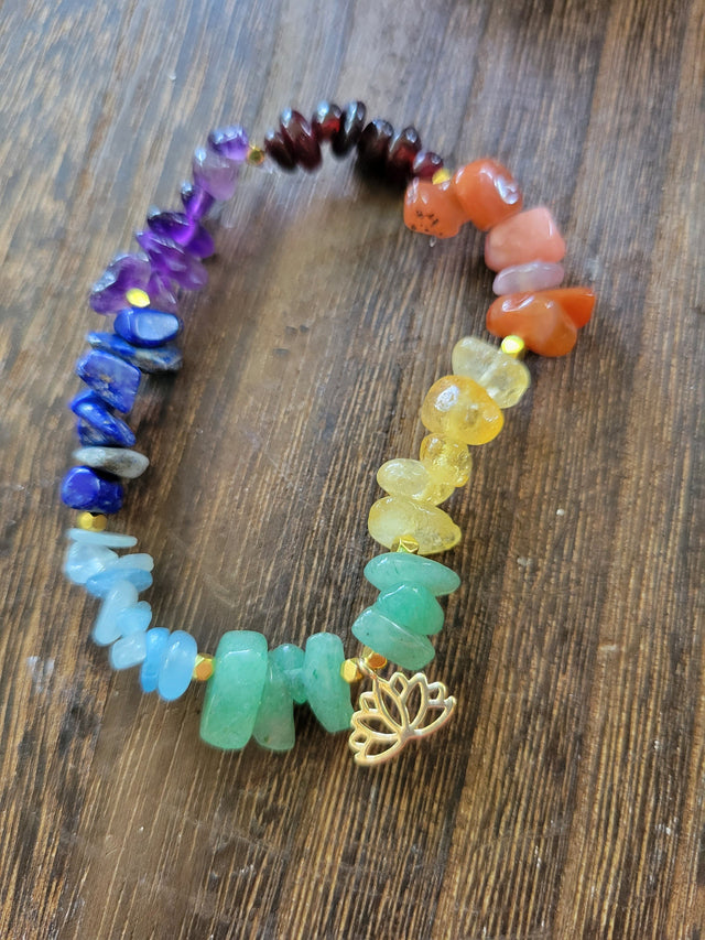 Chakra jewelry, chip gemstone stretch charm bracelets, with brass lotus charms