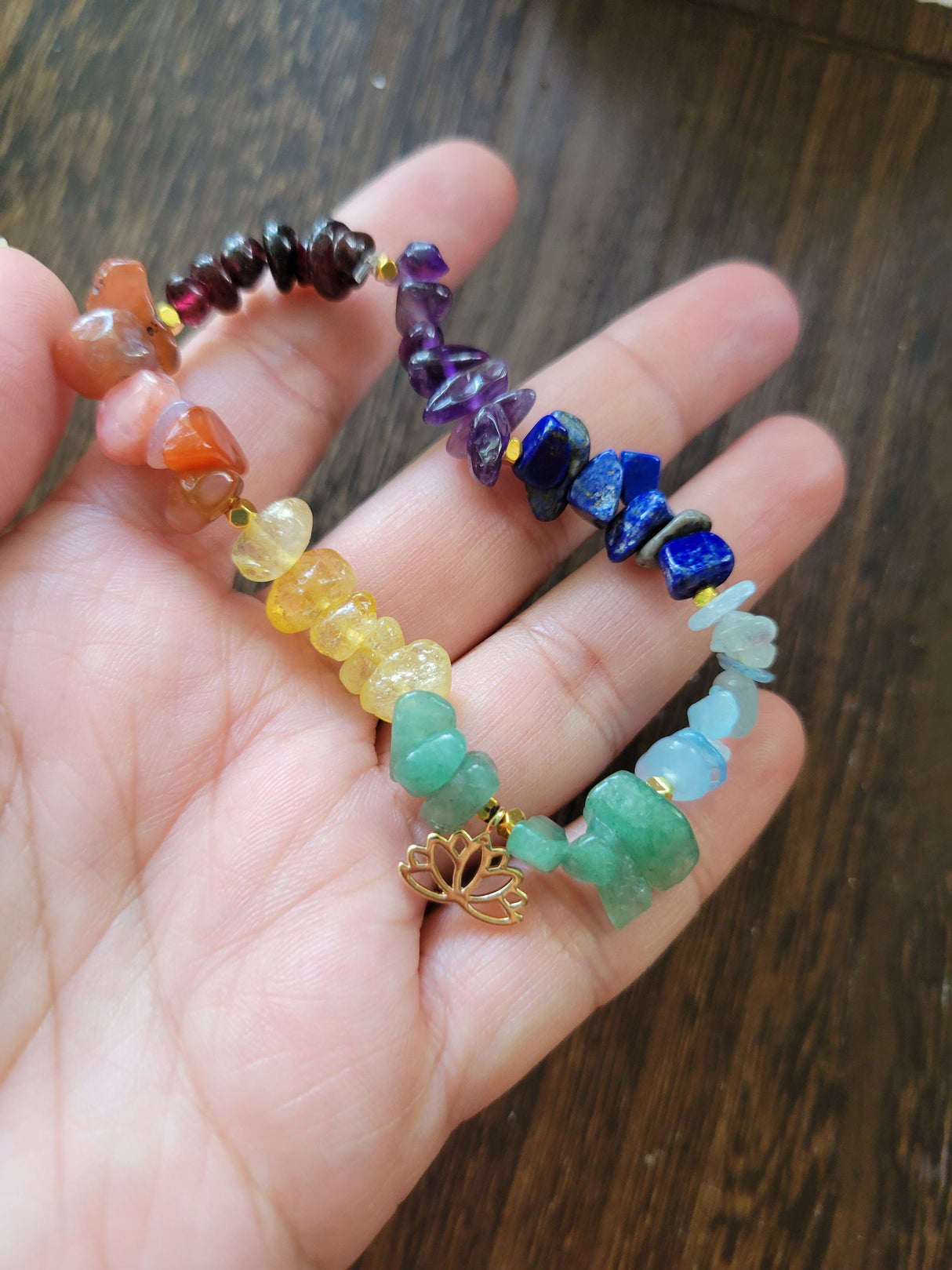 Chakra jewelry, chip gemstone stretch charm bracelets, with brass lotus charms