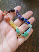 Chakra jewelry, chip gemstone stretch charm bracelets, with brass lotus charms