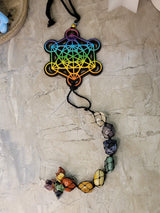 Tie dye wooden 7 chakra metatron wall/car hanging with tumble stones
