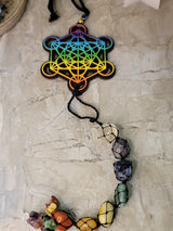 Tie dye wooden 7 chakra metatron wall/car hanging with tumble stones