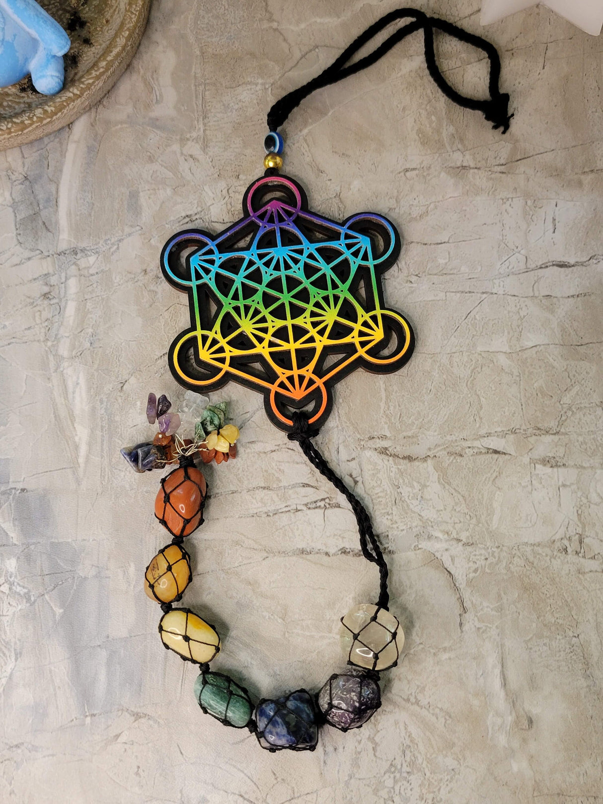 Tie dye wooden 7 chakra metatron wall/car hanging with tumble stones