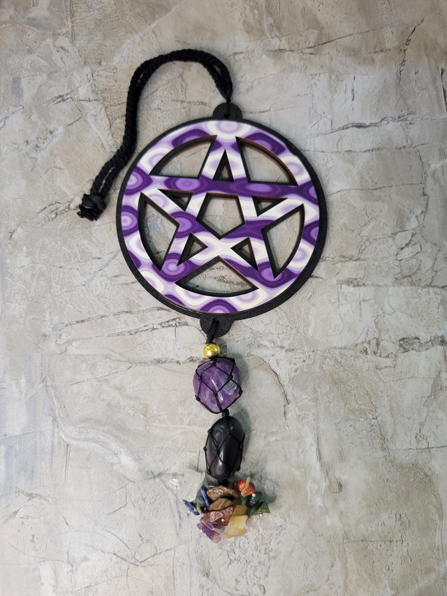 Pentagram tie dye wooden wall/car hanging w/ tumble stones