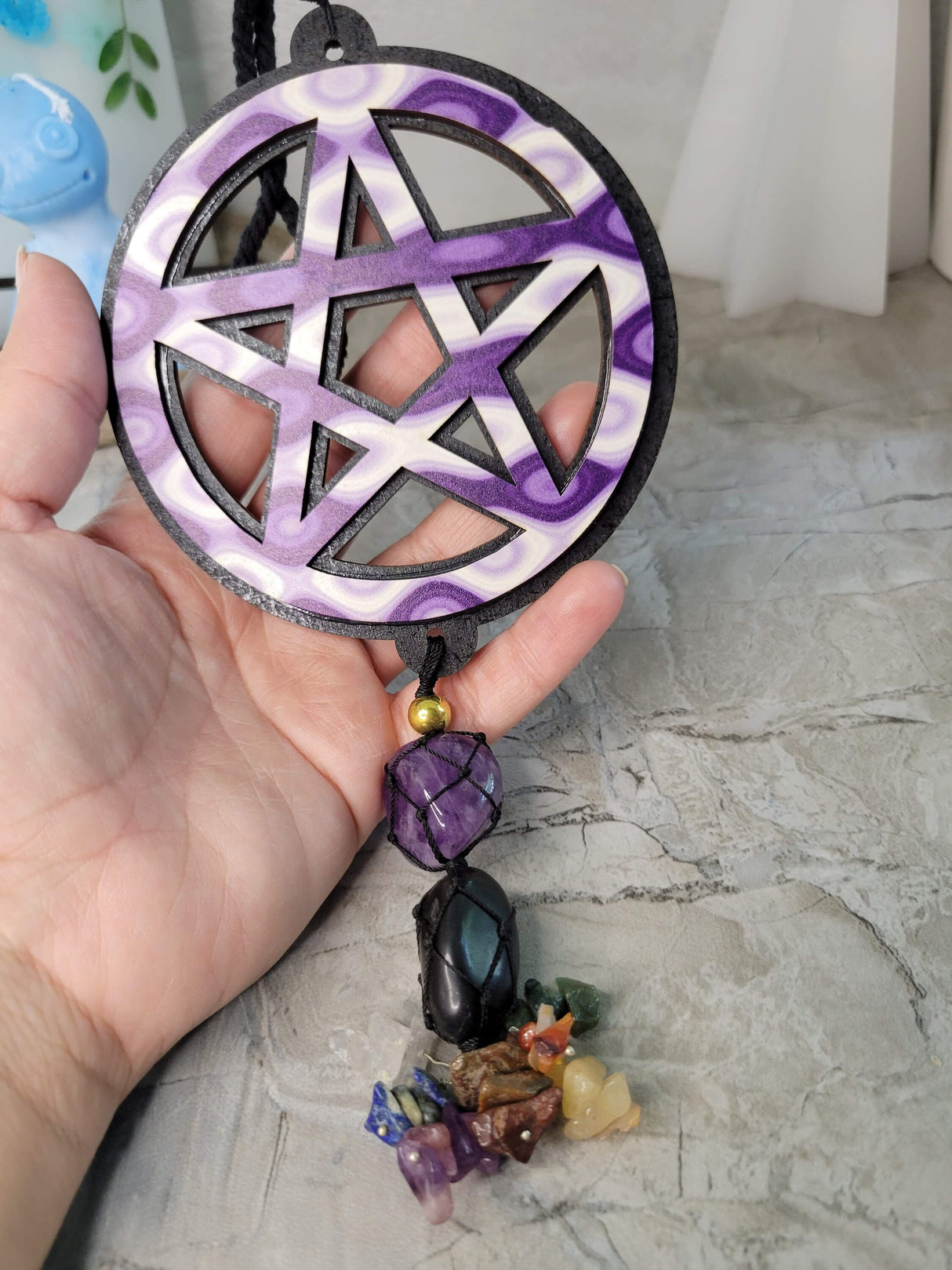 Pentagram tie dye wooden wall/car hanging w/ tumble stones