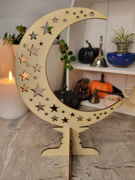 Wooden ornaments, wood tabletop decoration, moon with star, witchy decor