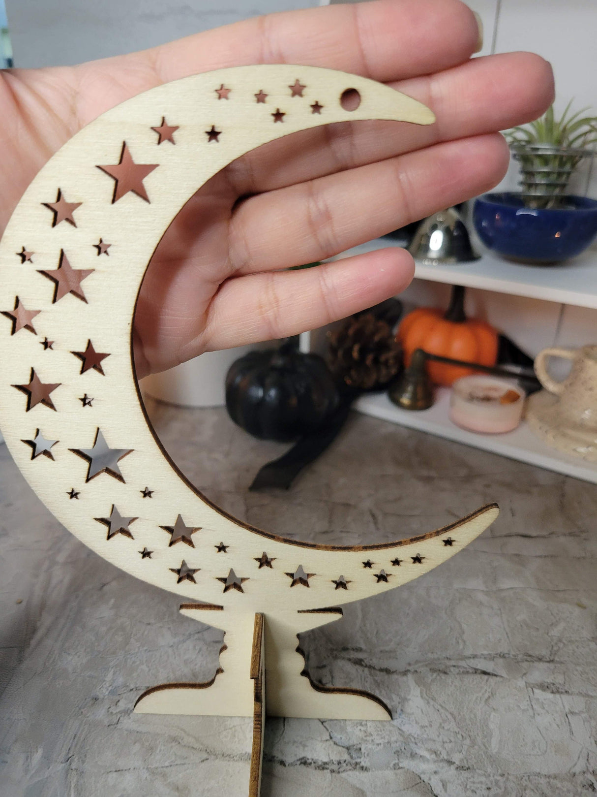 Wooden ornaments, wood tabletop decoration, moon with star, witchy decor