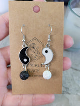 Yin yang matching asymmetrical earrings, brass dangle earrings with natural lava rock for women