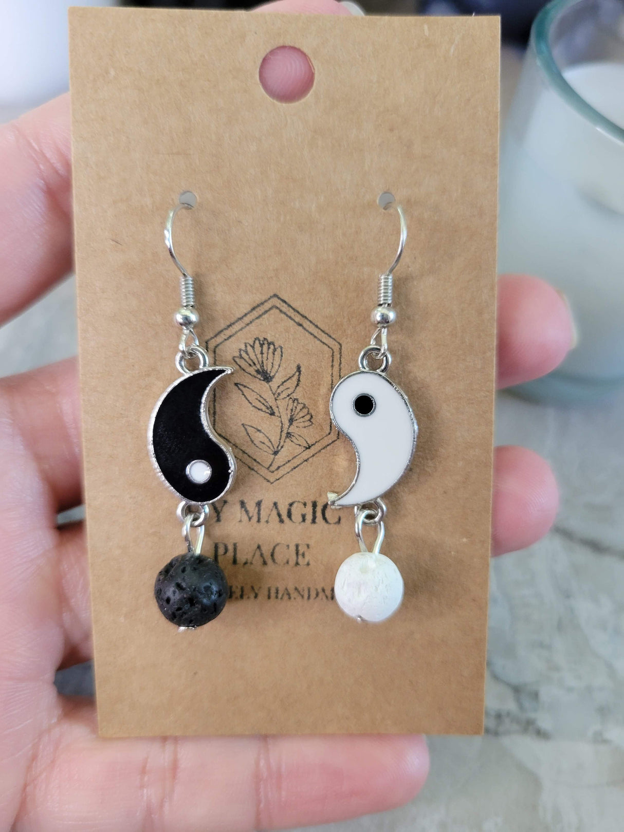Yin yang matching asymmetrical earrings, brass dangle earrings with natural lava rock for women