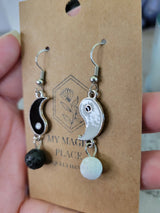Yin yang matching asymmetrical earrings, brass dangle earrings with natural lava rock for women