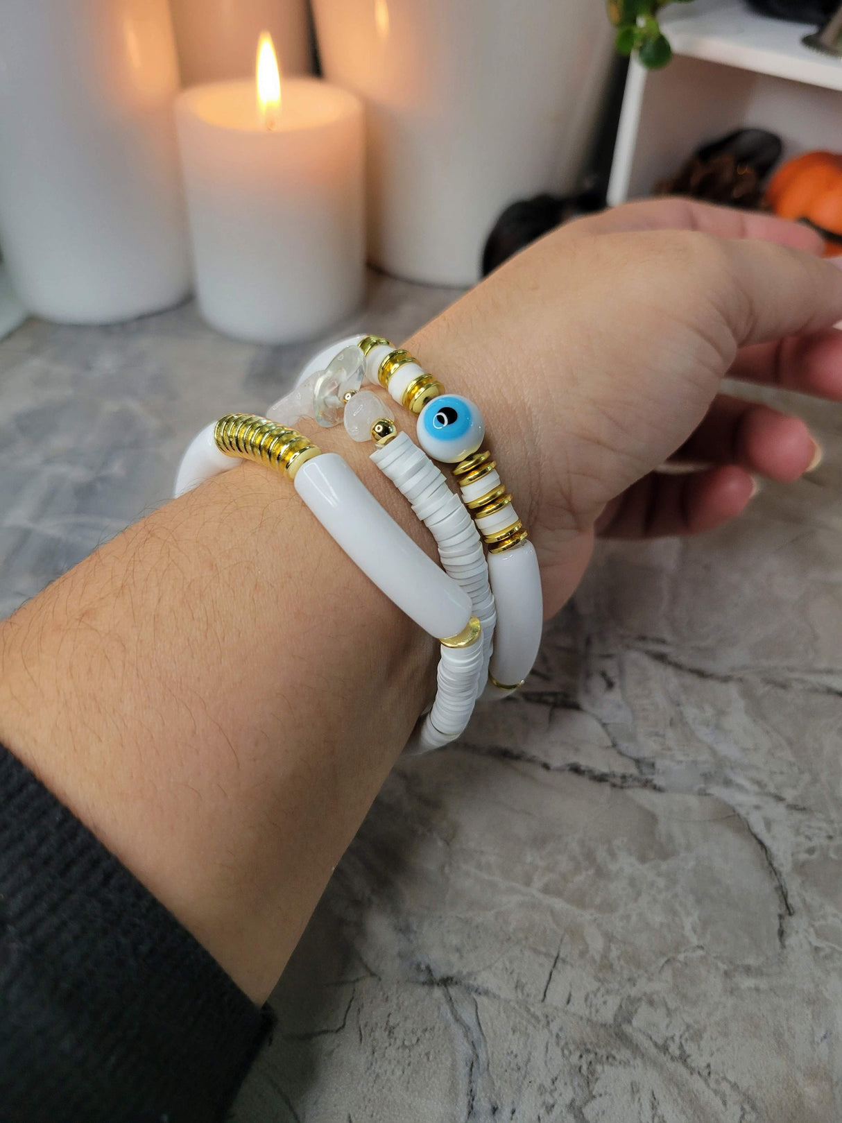 Evil Eye & Quartz Crystal Chip Bracelet Set - Handmade