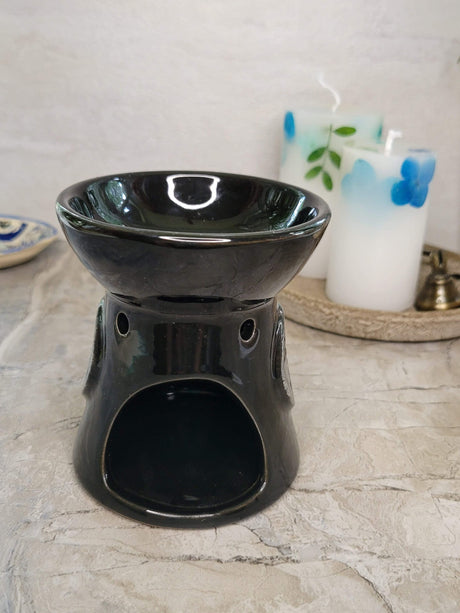 Black pentagram oil burner , wax warmer, metaphysical décor, handmade ceramic