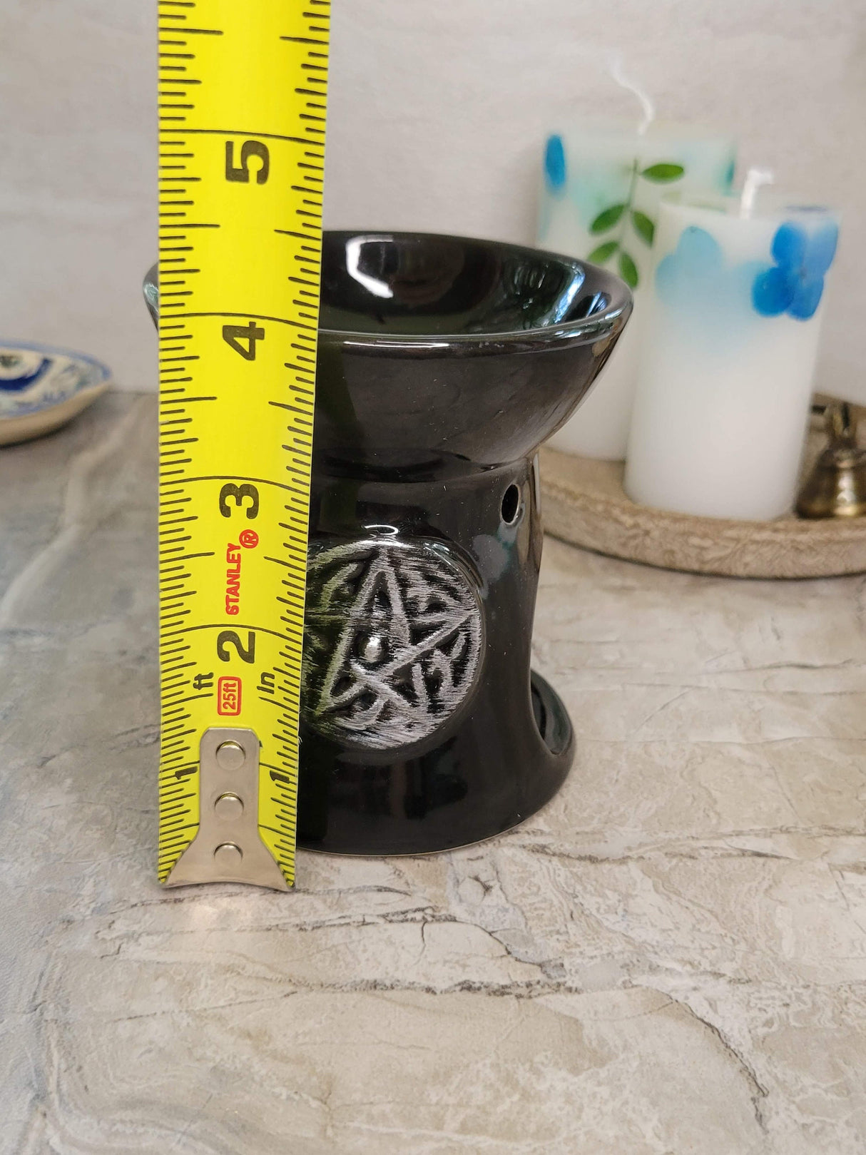 Black pentagram oil burner , wax warmer, metaphysical décor, handmade ceramic