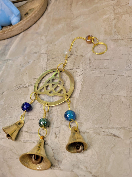 Handmade brass wind chime with bells and beads triquetra witch bells