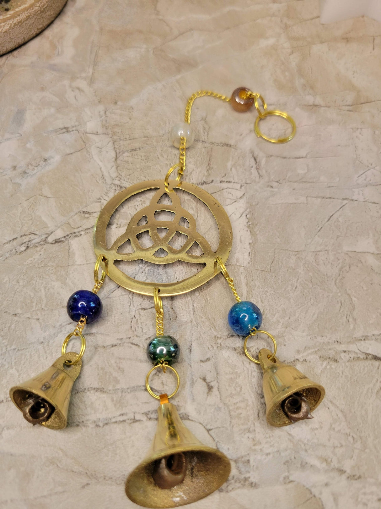 Handmade brass wind chime with bells and beads triquetra witch bells