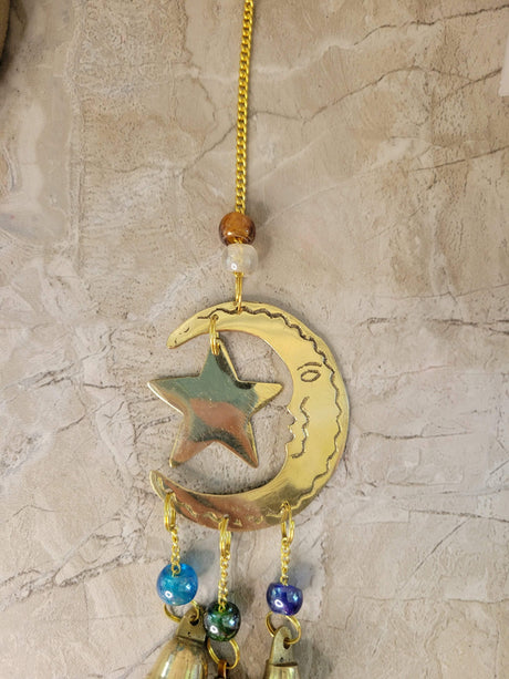 Star and moon handmade brass wind chime with bells witch bells
