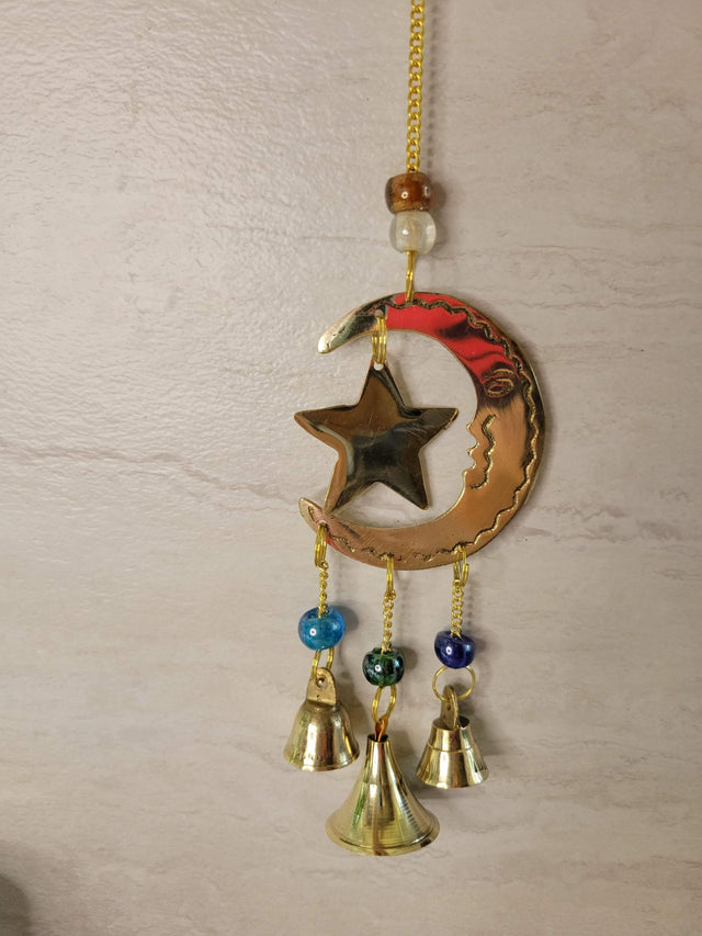 Star and moon handmade brass wind chime with bells witch bells