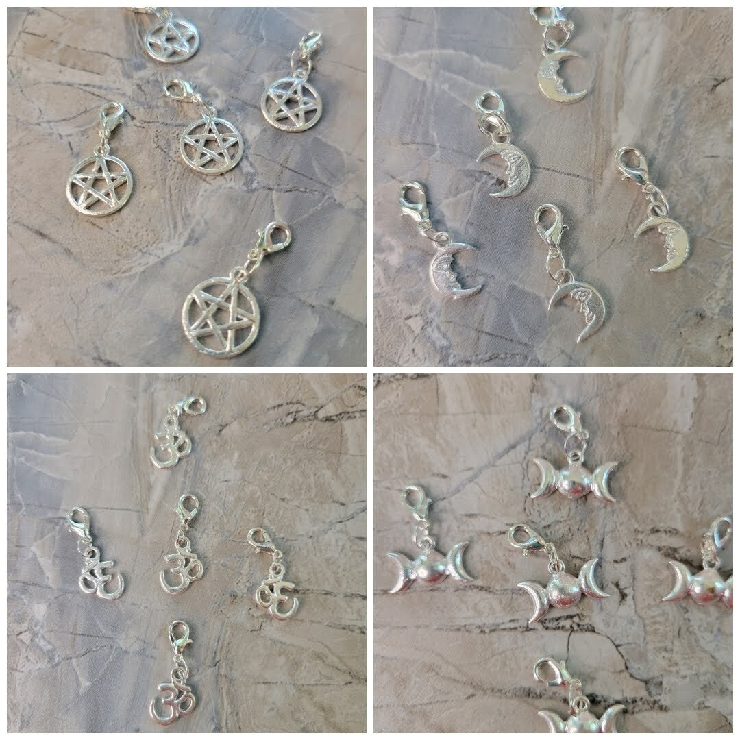 Charm triple moon , pentacle, om ,crescent moon with lobster claw clasps 5 pendants set