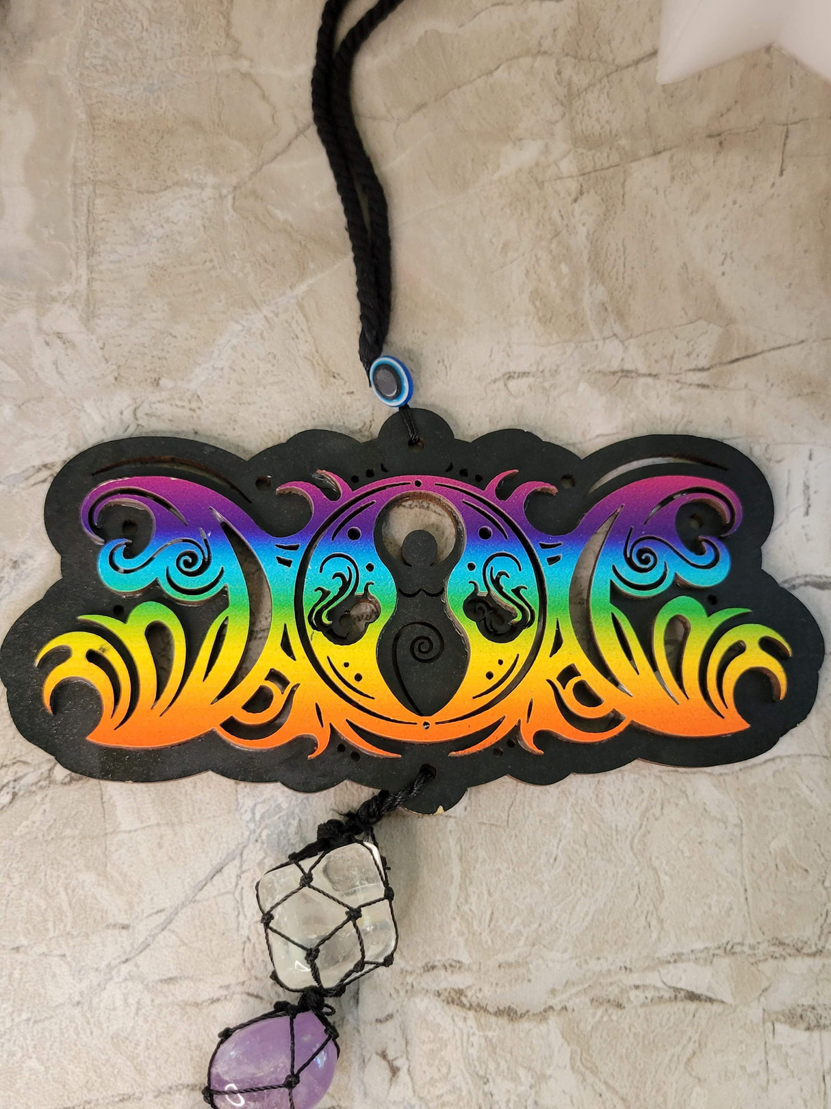 Tie Dye Triple Moon Goddess Car Hanging with Chakra Stones