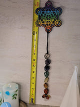 Tie dye wooden 7 chakra metatron wall/car hanging with tumble stones