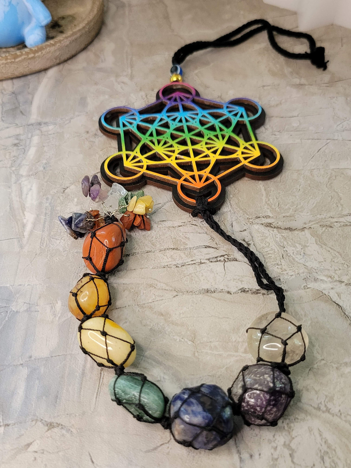 Tie dye wooden 7 chakra metatron wall/car hanging with tumble stones